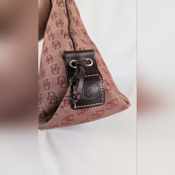 Dooney & Bourke Signature Monogrammed Tassel Tote Burgundy Canvas Brown Leather - Picture 3 of 12